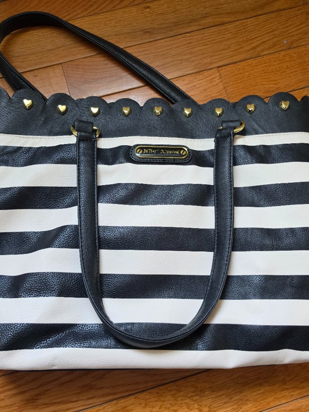 Betsey Johnson Black and White Stripe Scalloped Tote Bag
